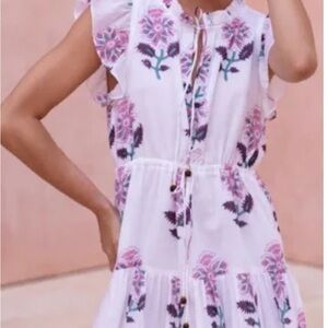 Oliphant White Floral Embroidered Midi Dress with Pink & Green Accents